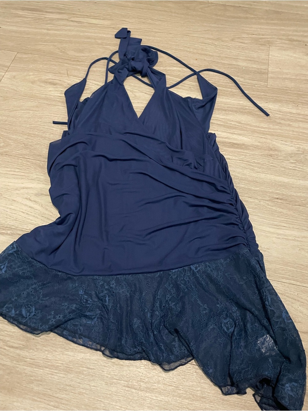 Peppermayo Navy Halter Mini Dress with Lace Hem